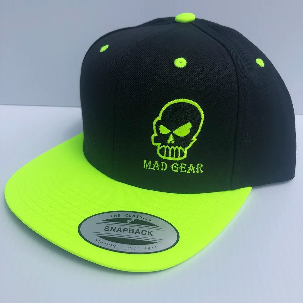 Brand New by MAD GEAR • SnapBack Hat, Neon Yellow with embroidered Skull